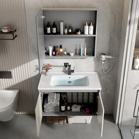 Meuble-lavabo mural pour projet hôtelier, en aluminium étanche, avec vasque en pierre frittée, miroir LED rond et étagère