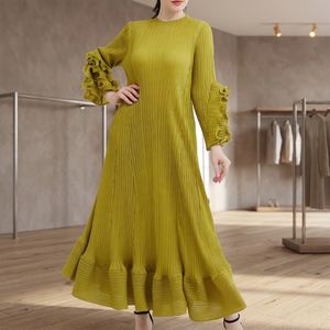 Pleated Maxi <b>Dress</b> Women Long Sleeve <b>Ruffle</b> Sleeve Solid Color Crew Neck Loose Fit Casual <b>Dress</b> <b>All</b> Seasons Viscose Polyester - Product Image 4