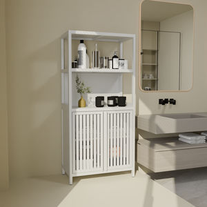 White Bamboo <b>Storage</b> Cabinet With 2 Doors Floor Cabinet Organizer For Bathroom Living Room Kitchen Entrance - Product Image 5