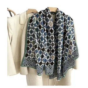 New deep blue diamond patterned printed shawl simple and warm decoration fashionable women's long scarf