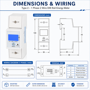 Compteur d'énergie monophasé à rail DIN avec écran LCD et réinitialisation par clé, 5-80A 230V, pour usage domestique et commercial - Product Image 2