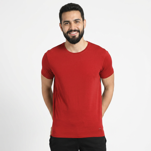 T-shirt rouge à manches courtes pour homme, col rond, coupe classique, couleur unie, jersey de coton respirant, tricoté - Product Image 1