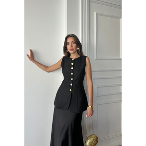 Chaleco de Lino Jacquard Ajustado a la Cintura, Negro, Top sin Mangas para Mujer, Talla S - Product Image 5