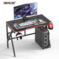 Bureau d'ordinateur multifonctionnel extensible en bois noir modèle K-K, durable, avec porte-gobelet et crochet pour casque, idéal pour le gaming