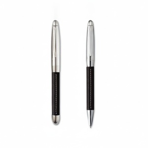 Premium Cylindrical Black Faux Leather Writing <b>Pen</b> with Distinctive <b>White</b> Stitched Grip & Polished Silver Trim for Custom Logo G - Product Image 3