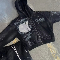 Fabricant OEM ODM de survêtements personnalisés avec strass, style streetwear, fermeture éclair, pantalon de survêtement évasé et ensemble de sweat-shirt