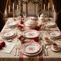 Ensemble d'assiettes en céramique rouge à motifs floraux vintage, vente en gros, vaisselle en porcelaine décorée style shabby chic pour mariages, restaurants, banquets, vente au détail