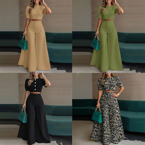 Completi Estivi alla Moda 2 Pezzi Outfit Donna Set Coordinati Elegante Camicetta <span class=keywords><strong>a</strong></span> Maniche Corte OL Pantaloni <span class=keywords><strong>a</strong></span> <span class=keywords><strong>Gamba</strong></span> <span class=keywords><strong>Larga</strong></span> da Lavoro - Product Image 2