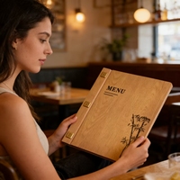 Couverture de menu en bois naturel de conception personnalisée haut de gamme A4/A5 avec page intérieure en PVC pour les magasins, les bars, les hôtels, les restaurants