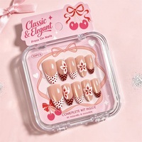 Faux ongles en gel souple réutilisables, à presser, motif fleurs peintes à la main, forme amande, longueur moyenne, bordeaux à pois, style French, 10 pièces