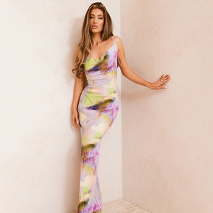 Vestido de noche ajustado sin espalda con cuello halter, capa transparente y diseño de empalme en la cintura natural para comercio electrónico transfronterizo - Product Image 1
