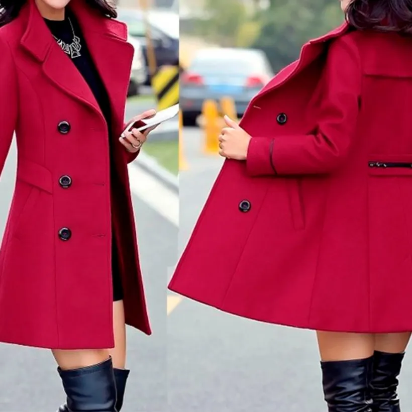 New Woolen Coat Women New Solid Color Wool Korean Black Red Beige Khaki Jacket