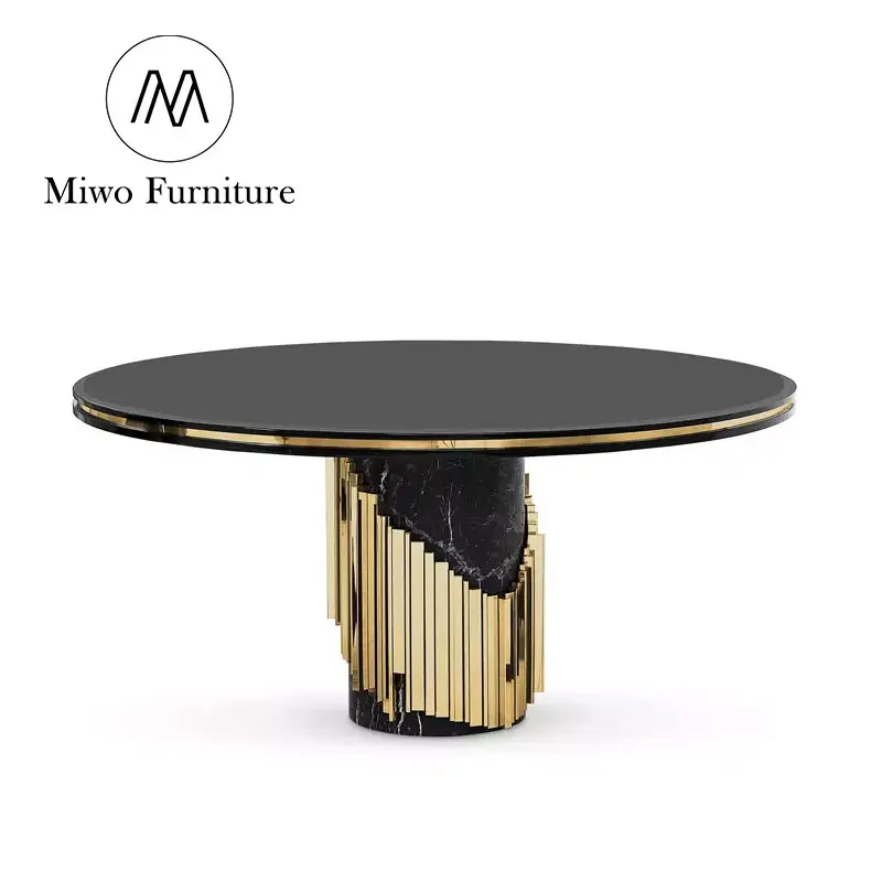 Juego de mesa de comedor de mármol negro natural, redondo, de lujo, familiar, contemporáneo, con sillas en oro, muebles de comedor de acero inoxidable