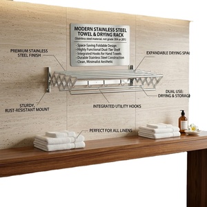 Porte-serviettes mural pliable moderne en acier inoxydable avec crochets et étagère à double niveau pour salle de bain, séchoir extensible de 60 cm - Product Image 1