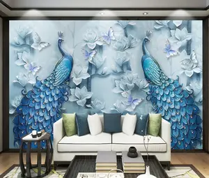 Güzel mavi çiçekli duvar kağıdı dekor özelleştirilmiş tavuskuşu dekoratif boyama duvar resmi duvar kağıdı