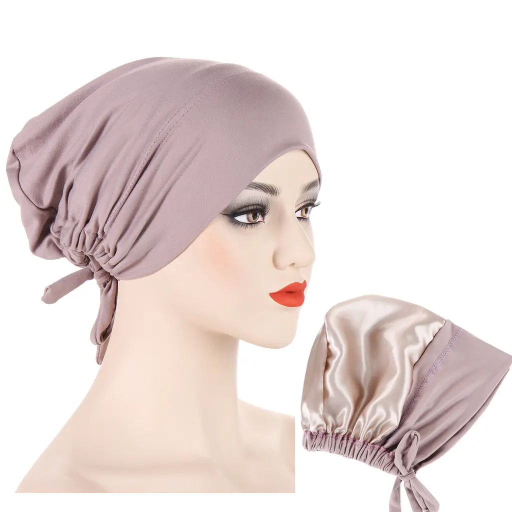 Pabrik Grosir Topi Dalaman Muslim Etnis Bonnet Lembut Satin Double-Deck Syal Jilbab