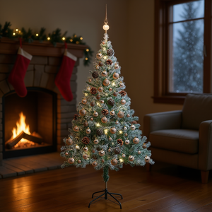 Árbol de Navidad Preiluminado con Efecto Escarchado de 59.1 Pulgadas, Set de Bolas y Piñas, Luces Blancas Cálidas, Base para Interior - Product Image 2