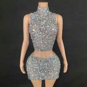 Trajes de fiesta sexy de alta calidad Lentejuelas Diamante Sin mangas Crop Top y minifalda Conjunto de 2 piezas para mujer