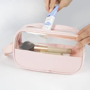 Bolsa de cosméticos para maquiagem PU com zíper transparente em PVC rosa com logotipo personalizado para viagem