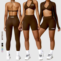Conjuntos de Ropa Deportiva Personalizada al por Mayor, Conjuntos de Yoga, Ropa de Gimnasio, Trajes Deportivos, Sujetador Deportivo, Chaqueta, Leggings de Cintura Alta para Mujer