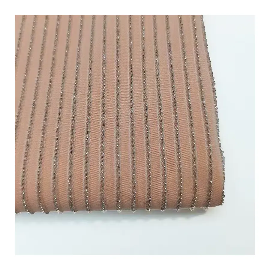 Wholesale custom color polyester spandex stretchable gold lurex stripe Plain Dyed fabric for clothes making