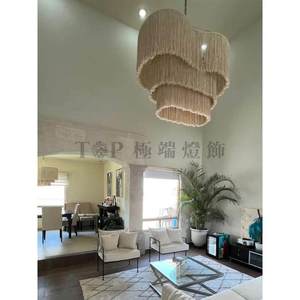 Bohemian Style Handcrafted Three Tiered Rattan Ceiling Light Oval <b>Drum</b> Shade Chocolate Color Large Size LED Pendant <b>For</b> Living - Product Image 2