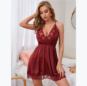 SFY8802 Lingerie sexy pour femmes, chemise de nuit en soie à col en V profond, robe d'été pour femmes, robe de nuit en dentelle, vêtements de nuit, babydoll, <span class=keywords><strong>nuisette</strong></span> en satin <span class=keywords><strong>H</strong></span> - Product Image 1