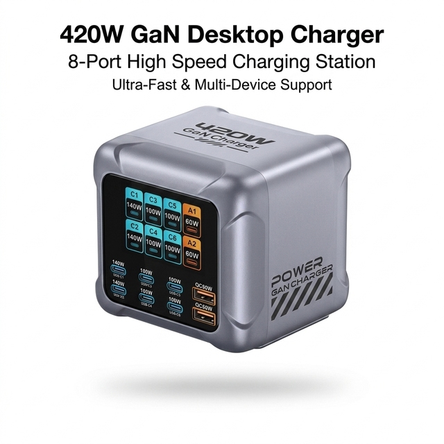Factory Wholesale 420W Gan Desktop Charging Station 8-Port 140W PD3.1 Fast Charger SCP Display Ready Ship Bulk Price