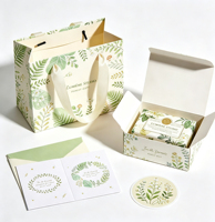 Kit d'emballage cadeau avec impression botanique aquarelle, boîte d'expédition personnalisée avec logo, sac shopping en papier, carte de vœux et autocollant pour boutique de cadeaux