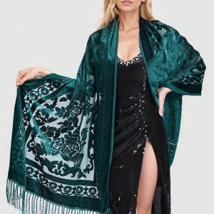 Elegant Velvet Cheongsam <b>Shawl</b> Dark Green Floral Print Long Tassel Evening Gown <b>Wrap</b> Traditional Scarf - Product Image 3