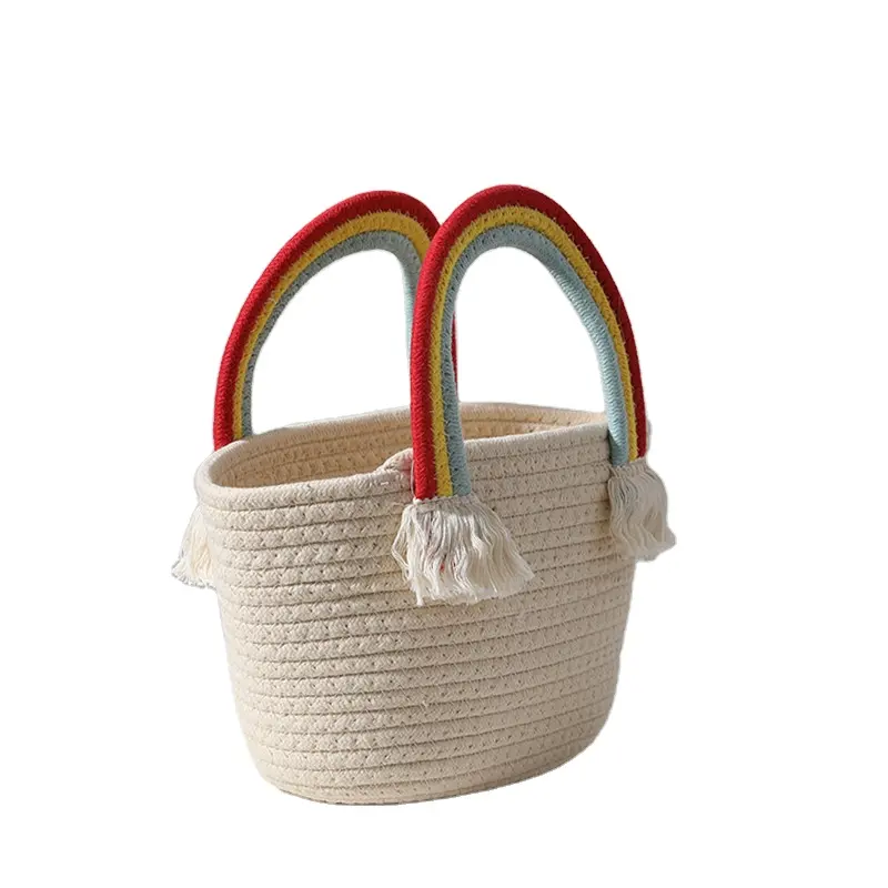 Lovely Rainbow Cloud Handbag New Handmade Cotton Woven Bag Seaside Holiday Beach Bag Versatile Straw Woven Bag