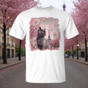 T-shirt Cat In Paris avec motif de la tour Eiffel et de fleurs de cerisier pour les amoureux des chats - Product Image 3