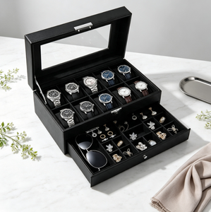 Boîte de rangement de luxe pour montres avec fenêtre transparente, 6 emplacements pour montres et tiroir à bijoux pour bagues, lunettes de soleil et boucles d'oreilles - Product Image 6