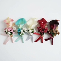 Boutonniere Pengantin Pria Calla Lily Buatan dengan Pita Berhias Berlian Imitasi untuk Pesta Pernikahan dan Prom