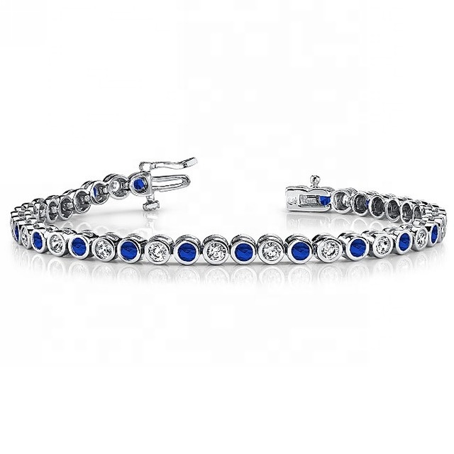 925 Sterling Silver Bezel-Set Alternating Blue Zircon and White Zircon Tennis Bracelet