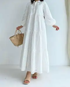 Premium Lengan Puff Berongga Desain Sederhana DubaiTurkey Pinggang Tinggi Sederhana Kaftan Maxi Katun Gaun Muslim Abaya untuk Wanita