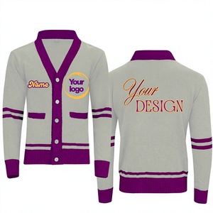 Cardigan en coton tricoté personnalisé pour sororité et fraternité, pull pour hommes et femmes, col en V, manches longues, broderie avec logo en lettres grecques - Product Image 1