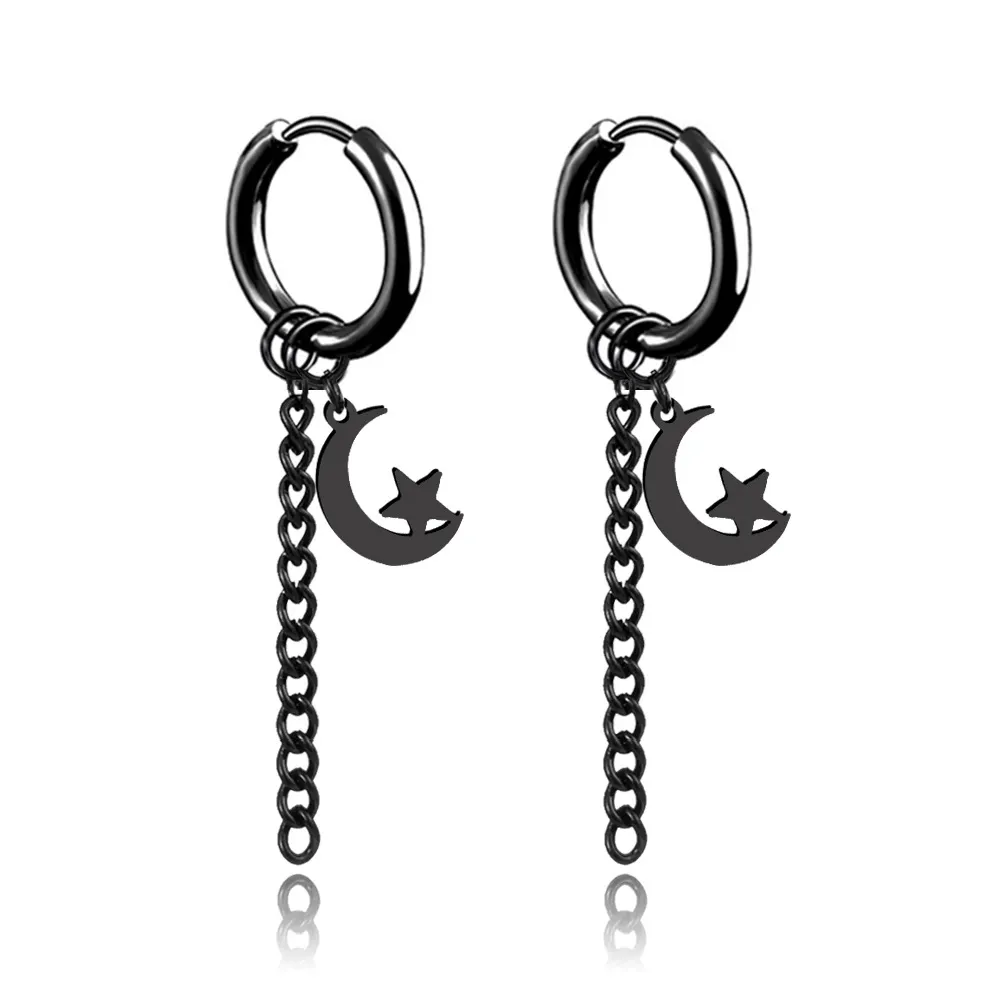 1PC Punk Moon Stars Pendant Black Stainless Titanium Steel Hoop Earrings Women Men Gothic Street Pop Hip Hop Ear Jewelry