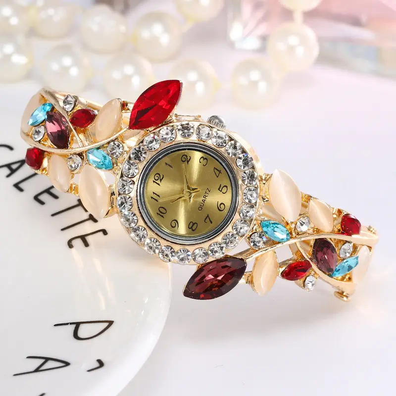 Luxury Bangle Watch Ladies Crystal Flower Bracelet Women Lovely Gift Dress Quartz Gold Plated Wrist Watch