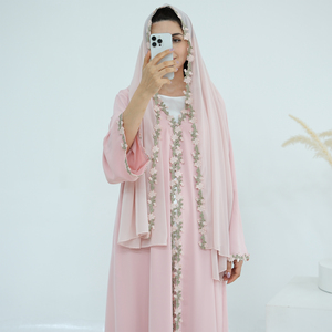 2025 islam giyim kadın hırka Robe Abaya 2 parça Set Nida yaz çiçek nakış Abaya müslüman kadın elbise başörtüsü ile - Product Image 1