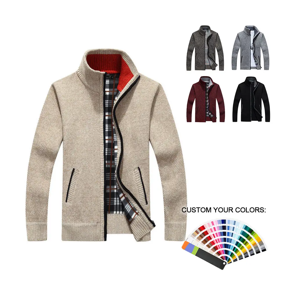 Custom Clothing Manufacturers Men's Casual Slimmer Full Zipper Shawl Collar Fit Button Cable Knit Cardigan Sweater With Pockets