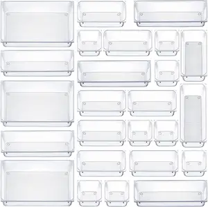 25-Piece Clear Plastic Multi-Purpose Drawer Organizers Set Transparent Storage Bin Cabinet For Makeup 25 Pack Storage Boxes Bins