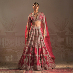 Women <b>Red</b> Muga Silk Embroidered Quick Dry All Season <b>Lehenga</b> Choli Traditional Wedding Dress Floor-Length India Pakistan Style - Product Image 1
