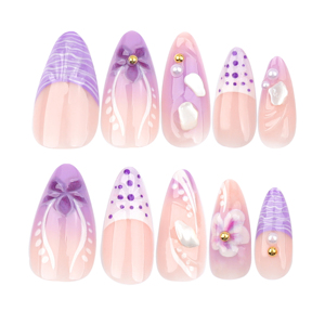 Personalizar 24 piezas 3503 francés fresco manicura púrpura Ombre 3D flor <span class=keywords><strong>uñas</strong></span> superposiciones forma de almendra acrílico Prensa en <span class=keywords><strong>uñas</strong></span> postizas - Product Image 5