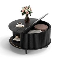 Table basse ronde convertible scandinave moderne en bois foncé avec rangement à porte coulissante pour salon