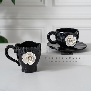 New Product Handmade Flower <b>Ceramic</b> Coffee Mug Black Aesthetic <b>Ceramic</b> <b>Cup</b> with Saucer - Product Image 1