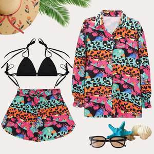 Ensemble de maillot de bain 3 pièces personnalisé pour femme, motif floral hawaïen tropical, avec short et cache-maillot à manches longues, taille élastique, idéal pour l'été - Product Image 5