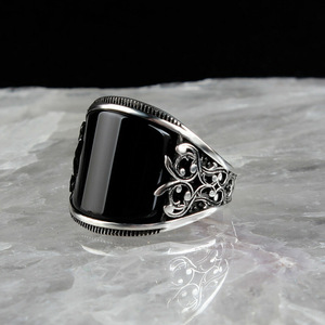 Bagues en obsidienne de luxe personnalisées pour hommes, style hip-hop, vintage, islamique, turc, punk noir, bijoux en pierres précieuses, vente en gros, cadeau - Product Image 1