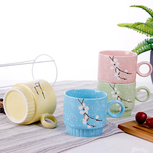 Ensemble de tasses empilables en céramique de style japonais avec motifs de flocons de neige, tasses à café de bureau avec poignée, peintes à la main, mignonnes, pour filles et enfants, compatibles lave-vaisselle - Product Image 5