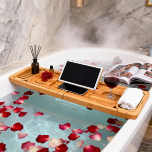 बांस के विस्तार योग्य स्नान ट्रे गैर-पर्ची स्नान ट्रे गैर-पर्ची स्नान ट्रे आयोजक शराब ग्लास धारक के साथ लक्जरी स्पा बाथरूम सामान के लिए - Product Image 3